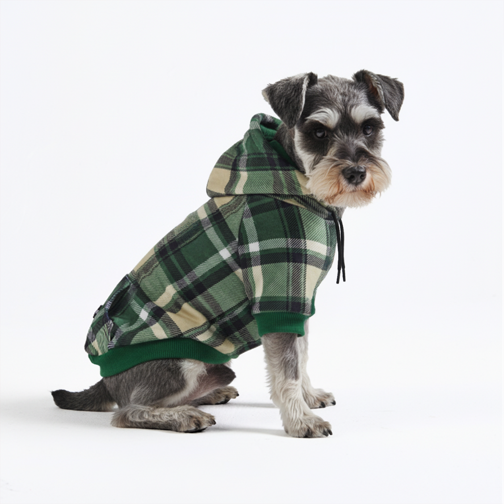 Dog Hoodie Green Plaid Soft Fleece Checkered Pet Sweatshirt with Hood Pocket
