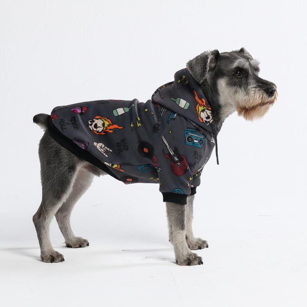 Rock and Roll Dog Hoodie Dark Grey Graphic Print Soft Cotton Pet Sweatshirt