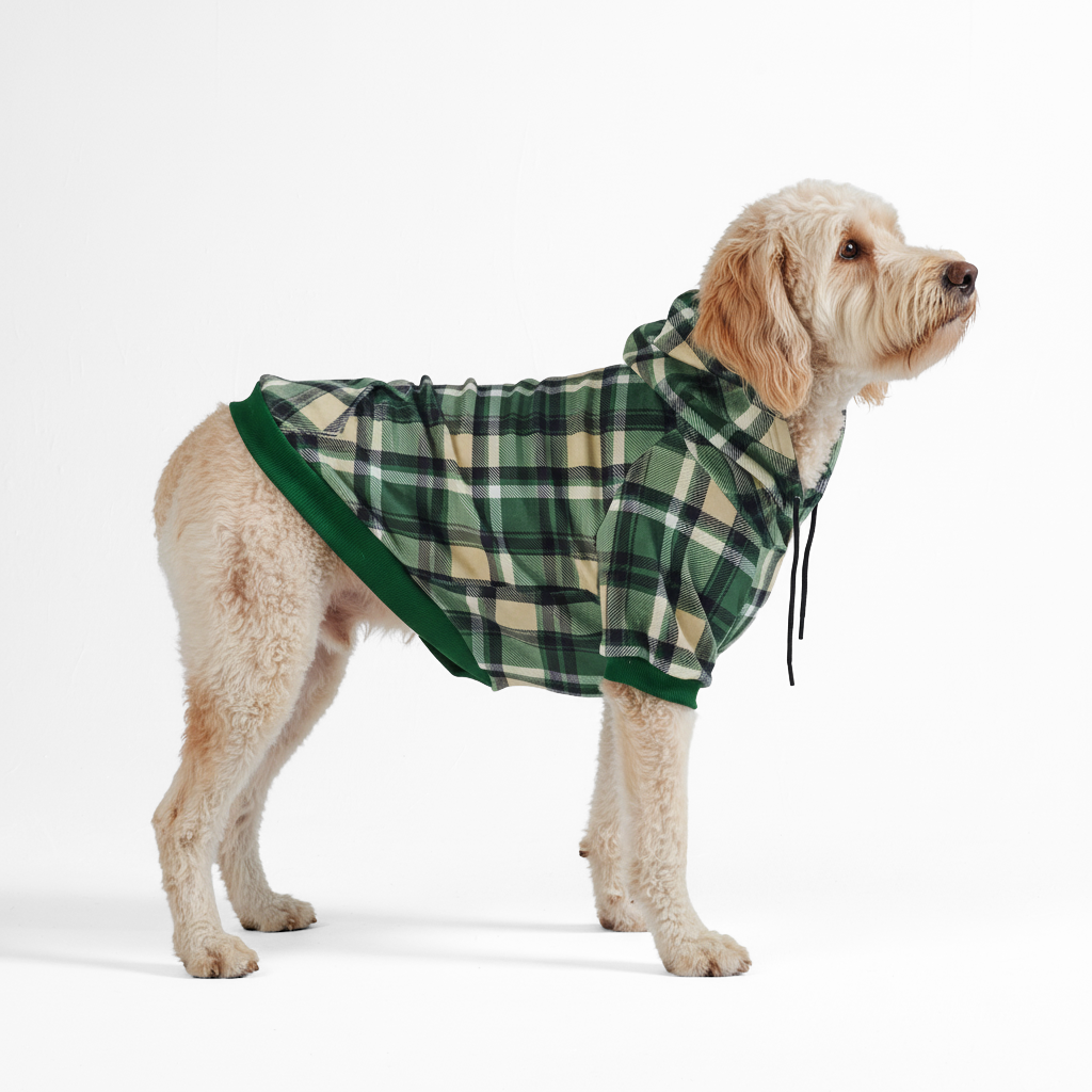 Dog Hoodie Green Plaid Soft Fleece Checkered Pet Sweatshirt with Hood Pocket