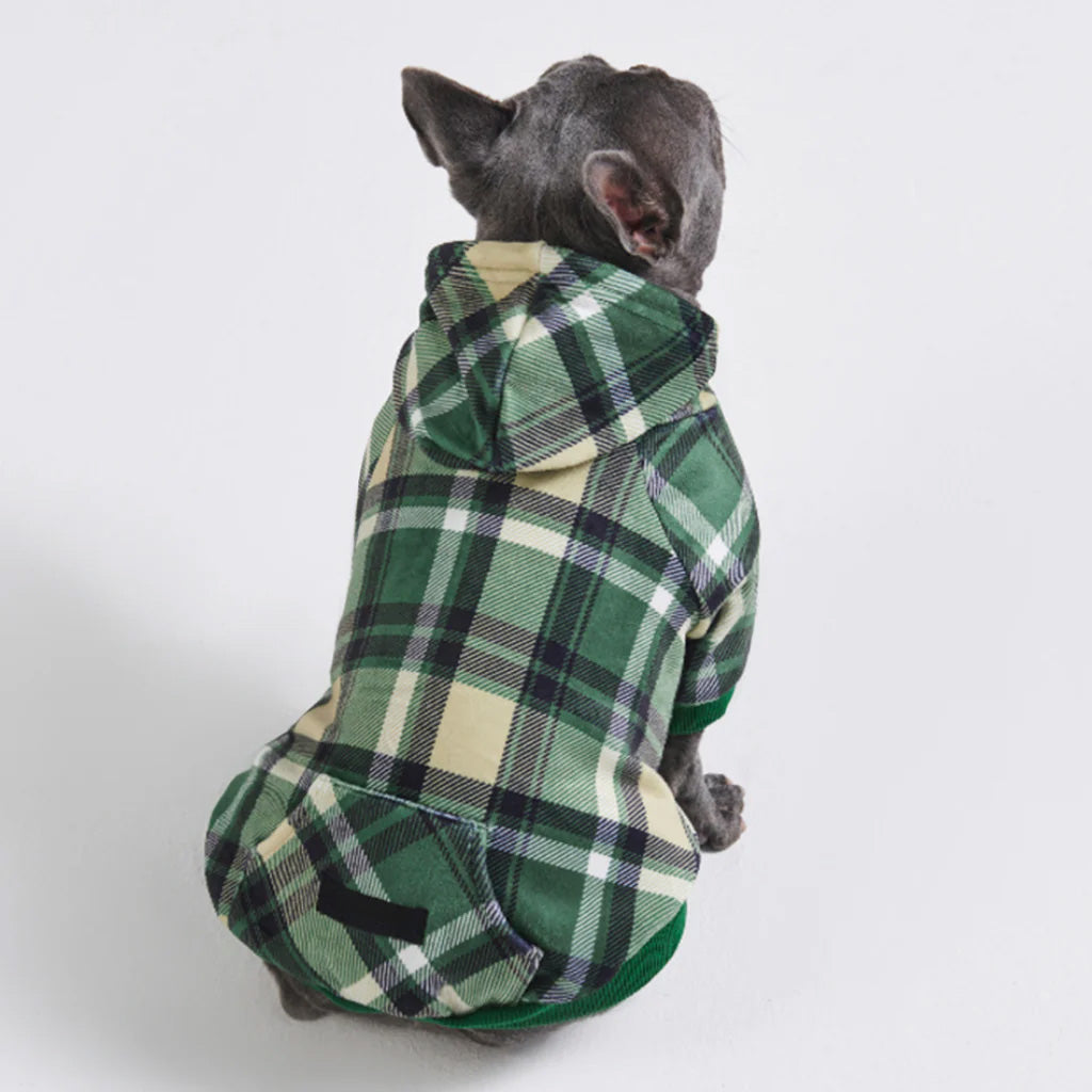 Dog Hoodie Green Plaid Soft Fleece Checkered Pet Sweatshirt with Hood Pocket